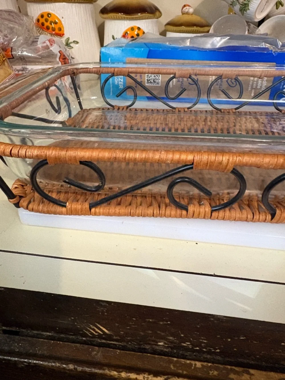 Woven Rattan and Glass Serving Dish - Brown